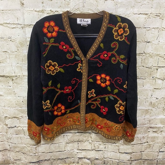 Vintage All Points By Reference Point Black Brown Floral Embroidered - Picture 1 of 7